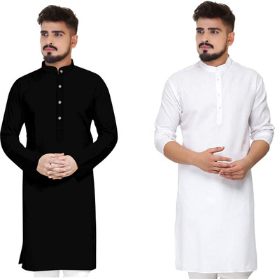 CELLUX Men Self Design Straight Kurta(Black, White)