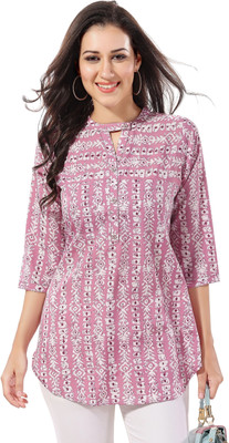Anmi Pink Poly Crepe Short Tunic Top For Everyday Wear | Short Kurti, Kurta For Women Printed Women Straight Kurta(Pink)