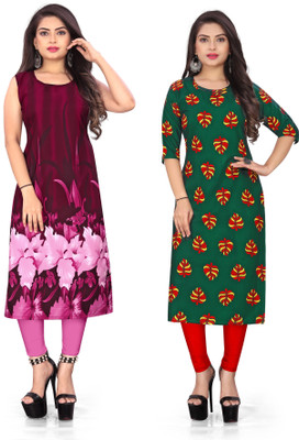 Hiral Creation Women Printed Straight Kurta(Pink, Green)