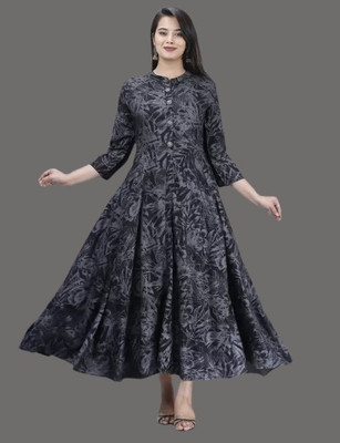 aachhoo Women Printed Flared Kurta(Black)
