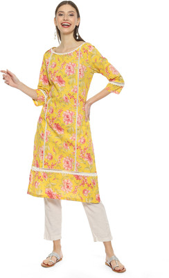 BIBA Women Printed Straight Kurta(Yellow)