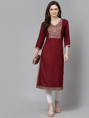 his&her Women Embroidered Straight Kurta(Maroon)