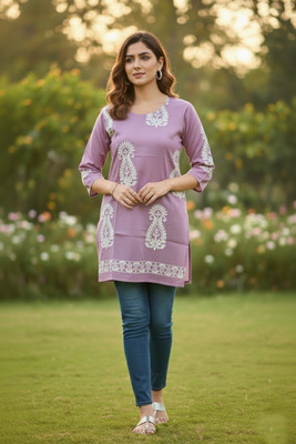 sanaAura Women Embroidered, Chikan Embroidery, Embellished Straight Kurta(Purple)