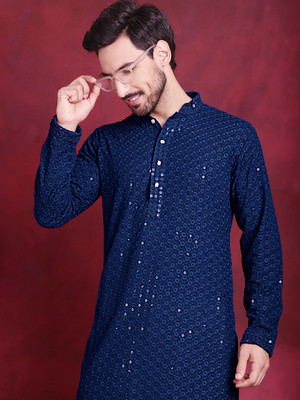 Jompers Men Embellished Straight Kurta(Light Blue)