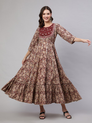 Mizaz Women Printed Flared Kurta(Maroon, Brown)