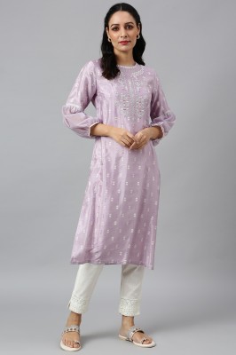 W Women Floral Print Straight Kurta(Purple)