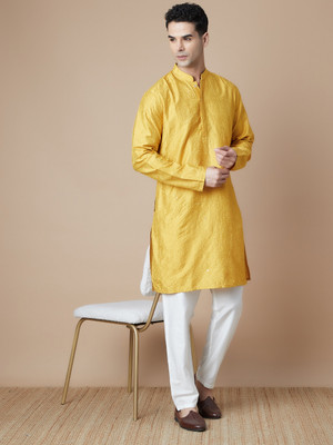 Melange by Lifestyle Men Embroidered Straight Kurta(Yellow)