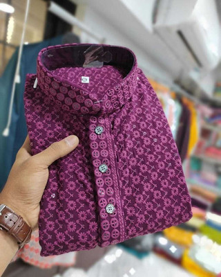 CRYSTALREVENUE Men Chikan Embroidery Straight Kurta(Purple)