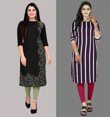 Hiral Creation Women Striped, Printed A-line Kurta(Black, Purple)