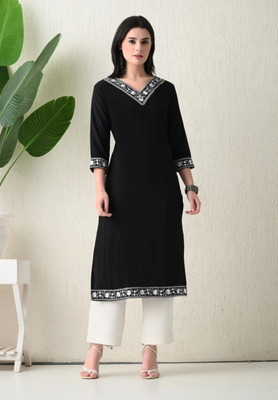 Flora Creation Women Solid Straight Kurta(Black)