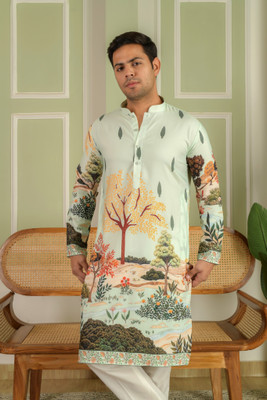 LEMONX Men Printed Straight Kurta(Green)