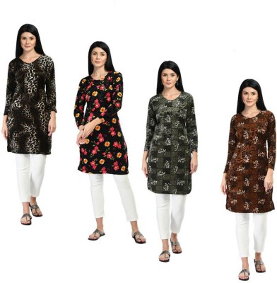 IndiWeaves Women Floral Print Straight Kurta(Dark Green, Brown, Grey)