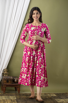 GUNINI Women Floral Print Anarkali Kurta(Pink)