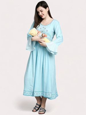 TRUE SHAPE Women Embroidered Flared Kurta(Blue)