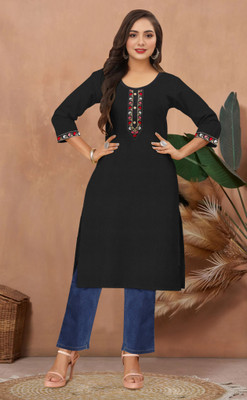 AATEXTILES Women Embroidered Straight Kurta(Black)