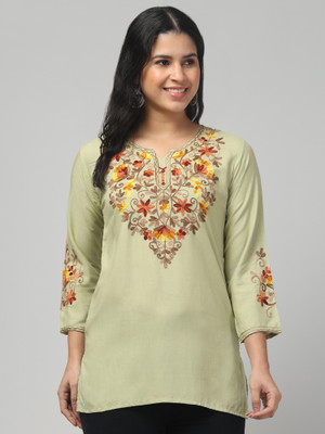 MISS DESIRE Women Embroidered A-line Kurta(Light Green)