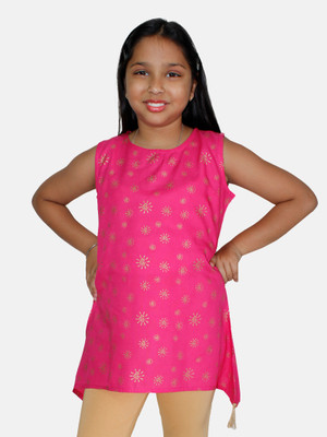 KiddoPanti Girls Printed Asymmetric Kurta(Pink, Yellow)