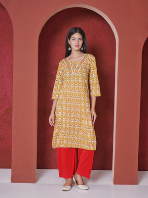 LABELKASHI Women Printed A-line Kurta(Yellow)