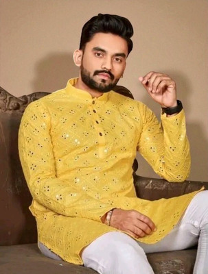 Bisswas Men Embroidered Straight Kurta(Black)