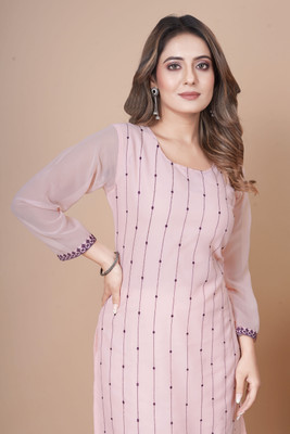 radha fashion Women Striped A-line Kurta(Pink)