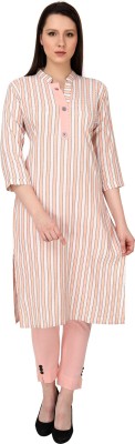 LITTLE LOOK Women Striped A-line Kurta(Beige)