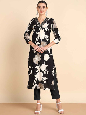 PinkTribe Women Printed Straight Kurta(Black)