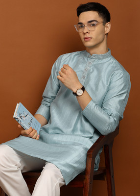 FUBAR Men Embroidered Straight Kurta(Blue)