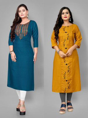 Fabriza Women Embroidered A-line Kurta(Blue, Yellow)