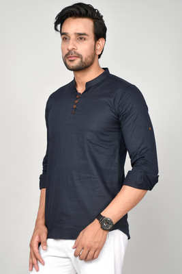 ShopGlobal Men Solid Straight Kurta(Dark Blue)