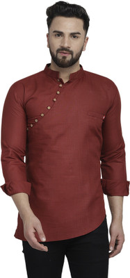 B BEN Men Solid Asymmetric Kurta(Maroon)