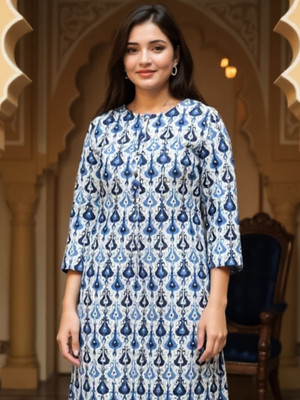Indo Era Women Printed Straight Kurta(White)