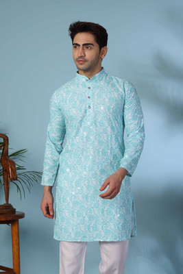 vastraveda Men Embroidered Straight Kurta(Light Blue)