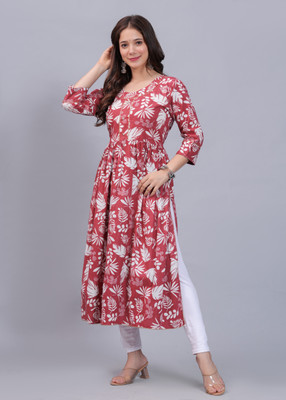 Mahruchi Textile Women Block Print Flared Kurta(Maroon)