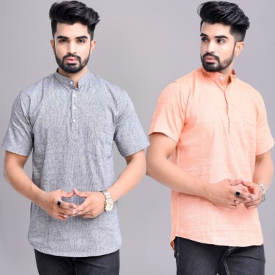 QuaClo Men Solid Straight Kurta(Grey, Orange)