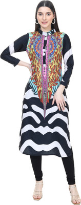 TSM Women Animal Print Straight Kurta(Black)