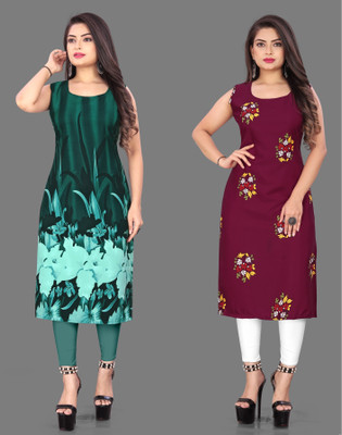 Hiral Creation Women Floral Print Straight Kurta(Green, Maroon)