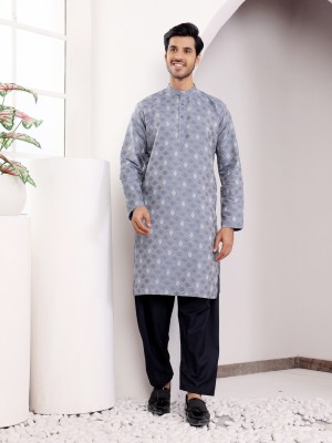 Rawayi Men Woven Design Straight Kurta(Grey)