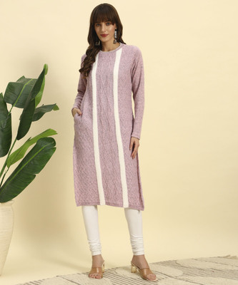 CANBLAR Women Striped Straight Kurta(Pink)