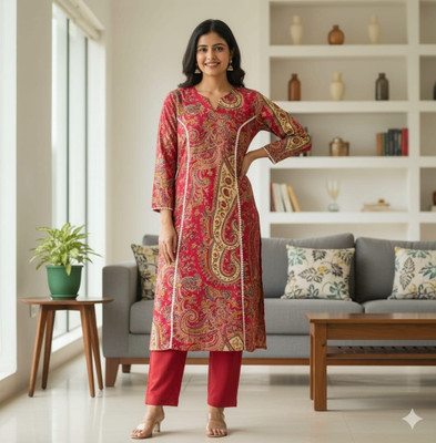 avni collection Women Polka Print Straight Kurta(Red)