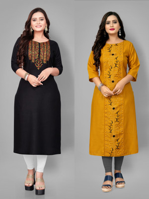 Fabriza Women Embroidered A-line Kurta(Black, Yellow)