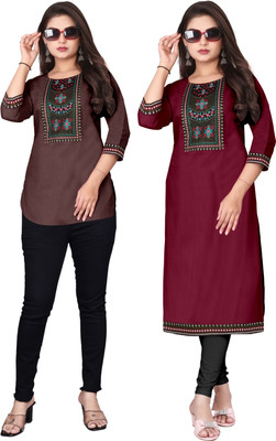 psmn Women Embroidered Straight Kurta(Brown, Maroon)
