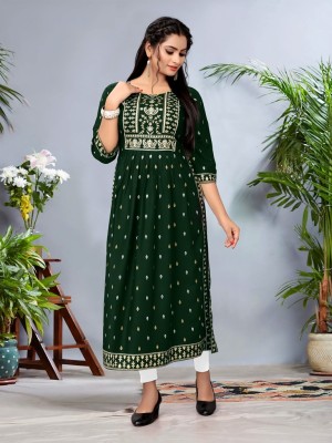 N Creation Women Printed A-line Kurta(Dark Green, Gold, White)