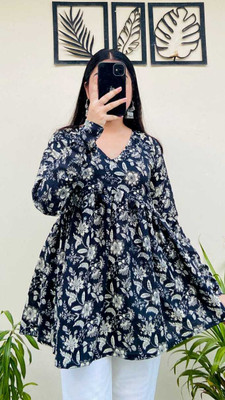 sarswa Women Printed Flared Kurta(Black)
