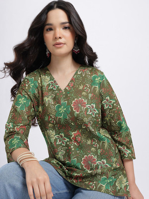 Anouk Rustic Women Floral Print Straight Kurta(Green)