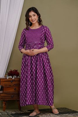 GUNINI Women Printed A-line Kurta(Purple)