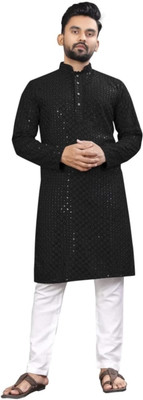 Alenjoy Men Embroidered A-line Kurta(Black)