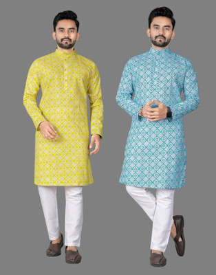 DHASU TRENDZ Men Printed Straight Kurta(Yellow, Blue)
