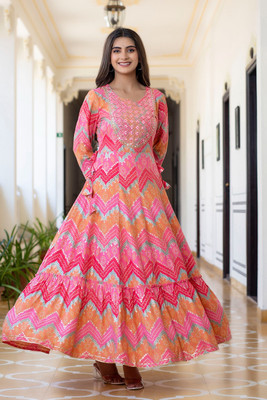 Shiprakshi Women Embroidered Anarkali Kurta(Blue, Pink)