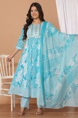 KASHIF SHAMS Women Printed Anarkali Kurta(Blue, White)
