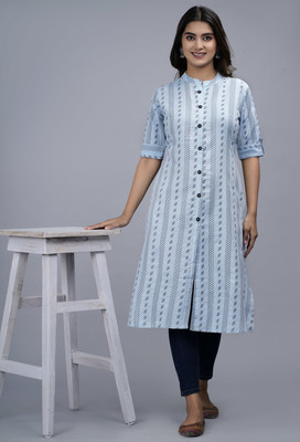 LOOMS21 Women Woven Design A-line Kurta(Light Blue)